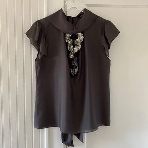 Lida Baday Chocolate Silk Top with Embellished Ruffle